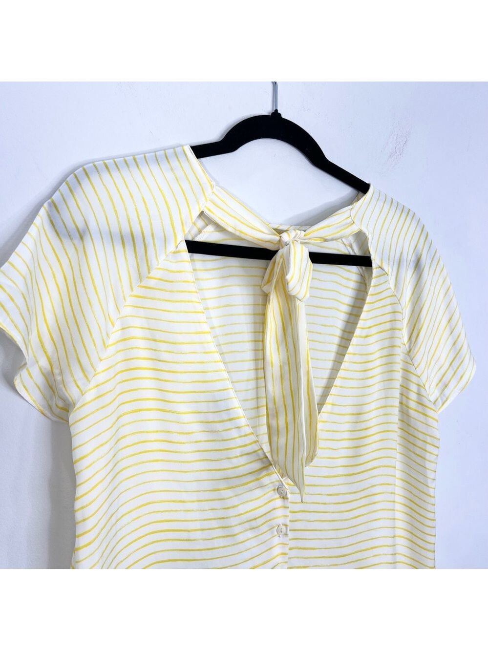 Zara Trafaluc white yellow stripe low open tie back short sleeve boxy top M - Picture 7 of 12